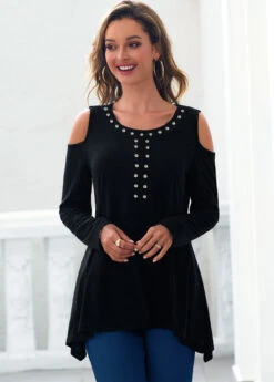 Cold Shoulder Rhinestone Black Asymmetric Hem T Shirt -Modlily Shop 289123 P 16393939371614