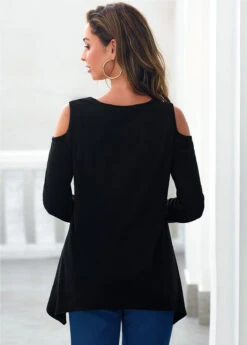 Cold Shoulder Rhinestone Black Asymmetric Hem T Shirt -Modlily Shop 289123 P 16393939375571