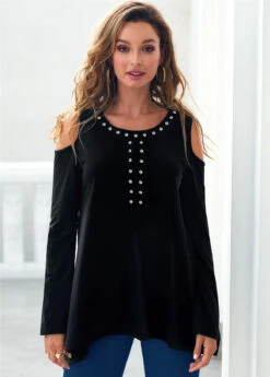 Cold Shoulder Rhinestone Black Asymmetric Hem T Shirt -Modlily Shop 289123 P 16393939377292