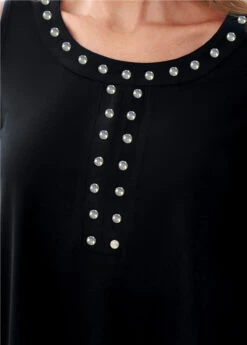 Cold Shoulder Rhinestone Black Asymmetric Hem T Shirt -Modlily Shop 289123 P 16393939377643