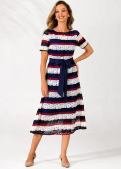 Lace Panel Striped Belted Color Block Dress -Modlily Shop 289840 P 16395610891324
