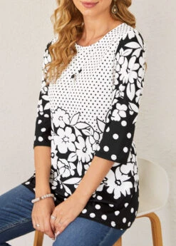 Floral Print Polka Dot Color Block T Shirt -Modlily Shop 290841 P 16393877260803