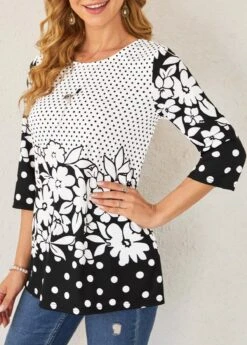 Floral Print Polka Dot Color Block T Shirt -Modlily Shop 290841 P 16393877261952