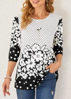 Floral Print Polka Dot Color Block T Shirt