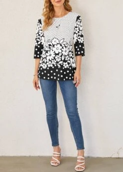 Floral Print Polka Dot Color Block T Shirt -Modlily Shop 290841 P 16393877268314