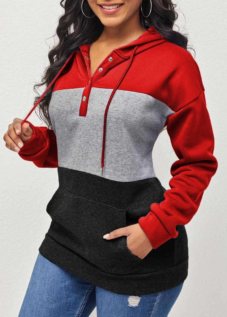 Red Contrast Kangaroo Pocket Drawstring Hoodie 3 Red Contrast Kangaroo Pocket Drawstring Hoodie