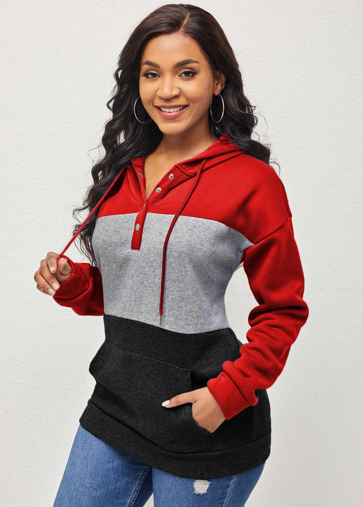 Red Contrast Kangaroo Pocket Drawstring Hoodie 5 Red Contrast Kangaroo Pocket Drawstring Hoodie - Image 3