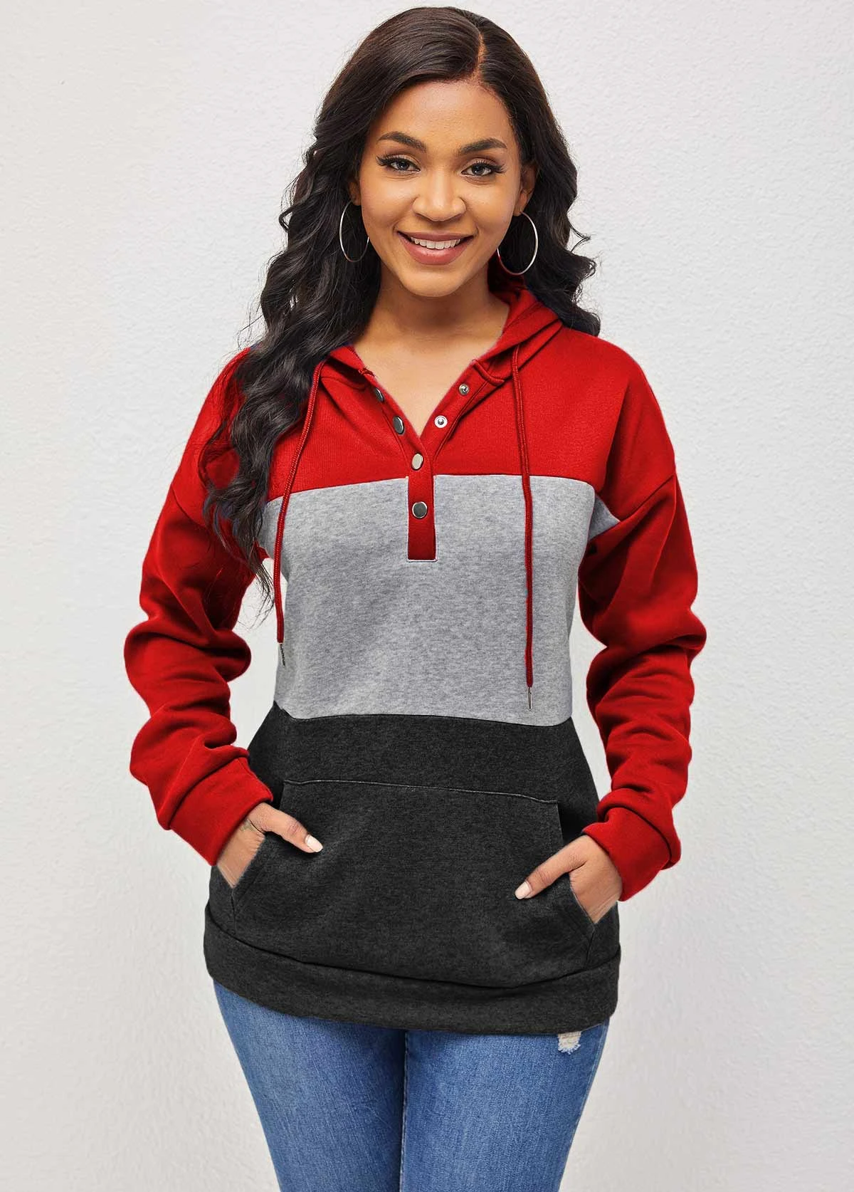 Red Contrast Kangaroo Pocket Drawstring Hoodie 6 Red Contrast Kangaroo Pocket Drawstring Hoodie - Image 4