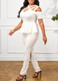 White Cage Neck Flounce Cold Shoulder Jumpsuit -Modlily Shop 291639 P 16399819270402