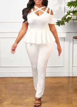 White Cage Neck Flounce Cold Shoulder Jumpsuit