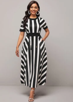 Striped Round Neck Belted Color Block Dress