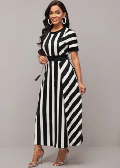 Striped Round Neck Belted Color Block Dress -Modlily Shop 291912 P 16386048454452
