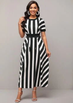 Striped Round Neck Belted Color Block Dress -Modlily Shop 291912 P 16386048454683