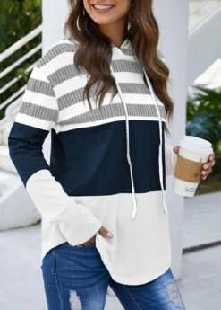 Drawstring Stripe Print Long Sleeve White Hoodie -Modlily Shop 291990 P 1662362123127