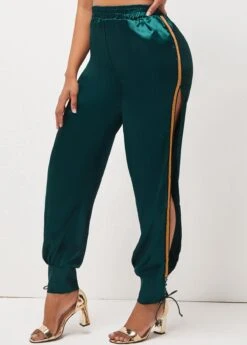 Dark Green Lace Up Side Slit Pants -Modlily Shop 292156 P 16383551471972