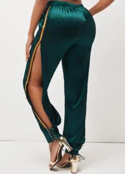 Dark Green Lace Up Side Slit Pants -Modlily Shop 292156 P 16383551477461