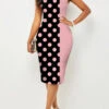Polka Dot Pink Round Neck Sleeveless Bodycon Dress -Modlily Shop 292159 P 1640067453672