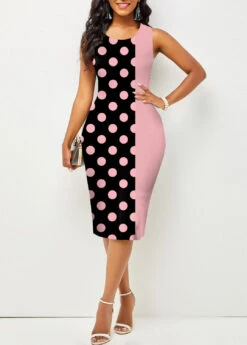 Polka Dot Pink Round Neck Sleeveless Bodycon Dress