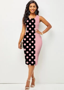 Polka Dot Pink Round Neck Sleeveless Bodycon Dress -Modlily Shop 292159 P 1640067454341