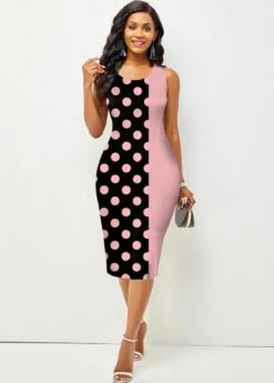 Polka Dot Pink Round Neck Sleeveless Bodycon Dress -Modlily Shop 292159 P 1640067455692