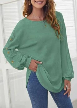 Sage Green Long Sleeve Decorative Button T Shirt -Modlily Shop 292469 P 1638855855947