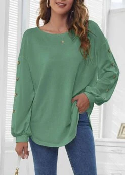 Sage Green Long Sleeve Decorative Button T Shirt -Modlily Shop 292469 P 1638855856302