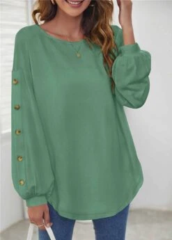 Sage Green Long Sleeve Decorative Button T Shirt -Modlily Shop 292469 P 1638855856799