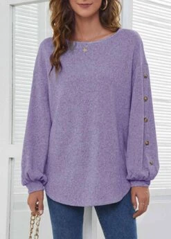 Decorative Button Long Sleeve Purple T Shirt