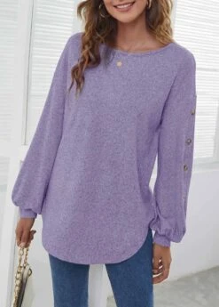 Decorative Button Long Sleeve Purple T Shirt 10 Decorative Button Long Sleeve Purple T Shirt -Modlily Shop 292470 P 1637830803006