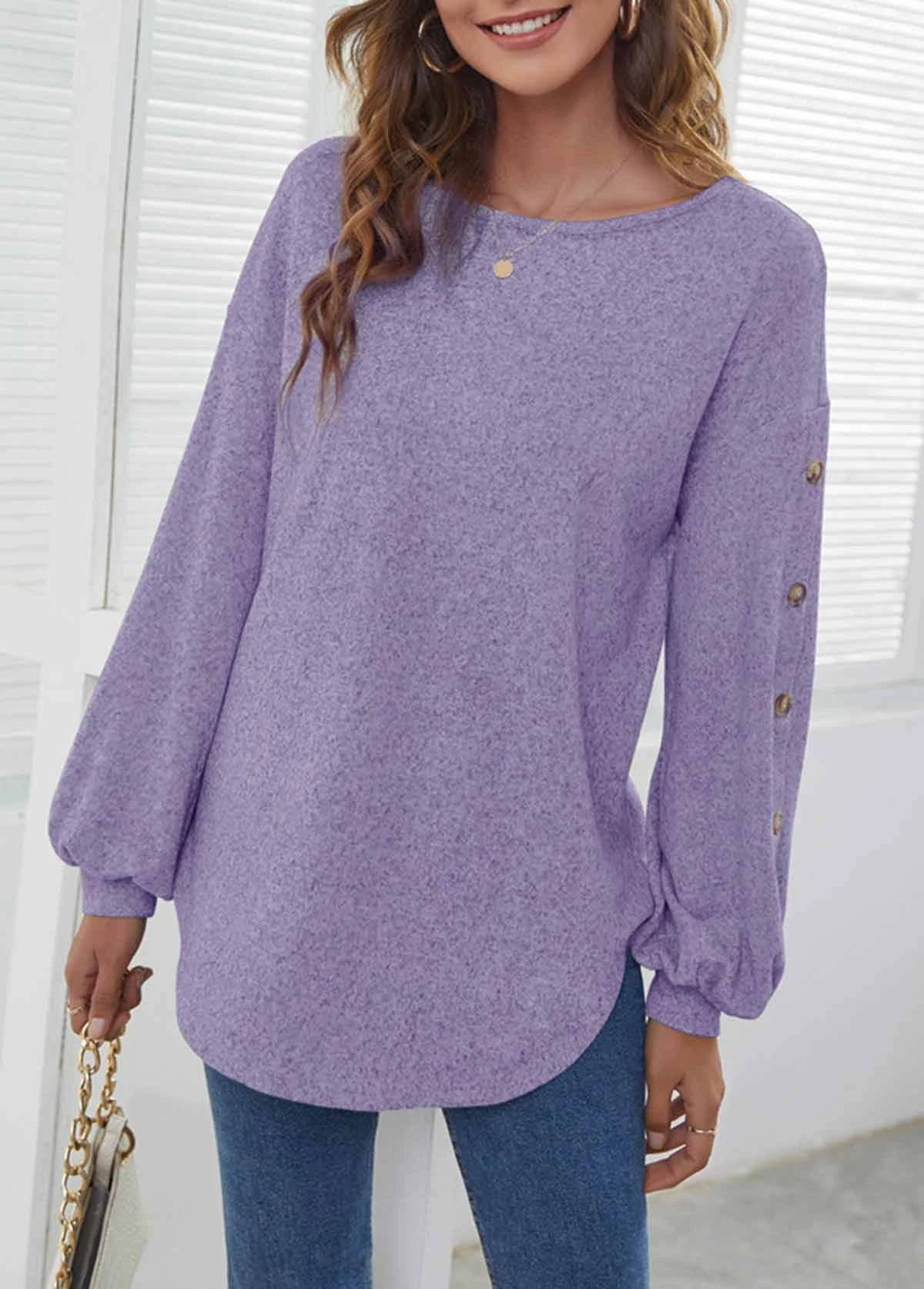 Decorative Button Long Sleeve Purple T Shirt 6 Decorative Button Long Sleeve Purple T Shirt - Image 4