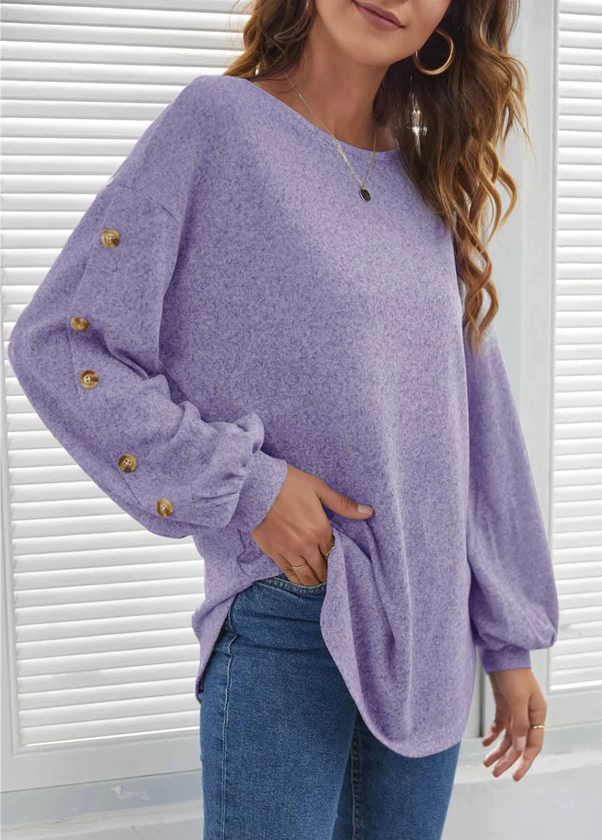 Decorative Button Long Sleeve Purple T Shirt 5 Decorative Button Long Sleeve Purple T Shirt - Image 3