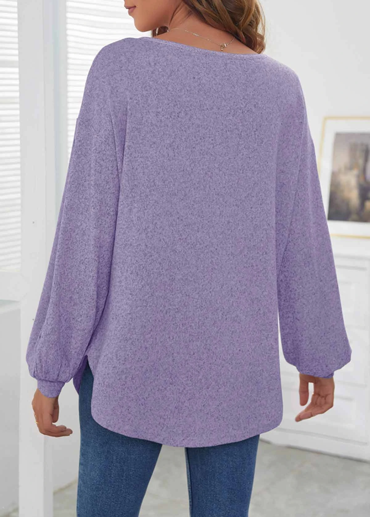 Decorative Button Long Sleeve Purple T Shirt 4 Decorative Button Long Sleeve Purple T Shirt - Image 2