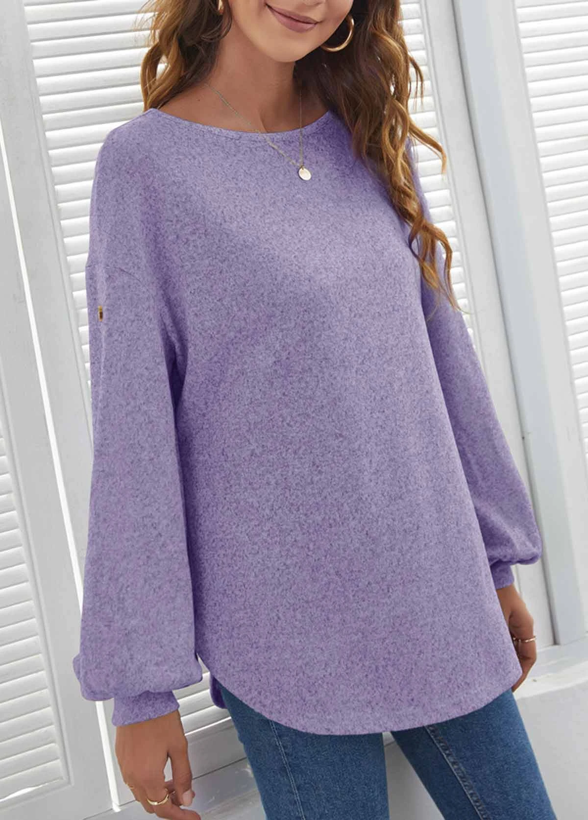 Decorative Button Long Sleeve Purple T Shirt 7 Decorative Button Long Sleeve Purple T Shirt - Image 5