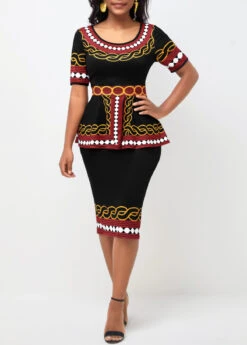 Tribal Print Round Neck Peplum Waist Black Dress
