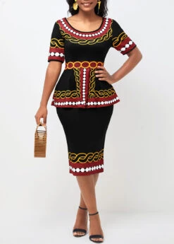 Tribal Print Round Neck Peplum Waist Black Dress -Modlily Shop 292494 P 16406873456553