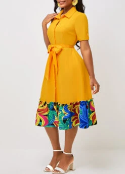 Belted Turndown Collar Yellow Short Sleeve Dress 10 Belted Turndown Collar Yellow Short Sleeve Dress -Modlily Shop 292497 P 16406872955273