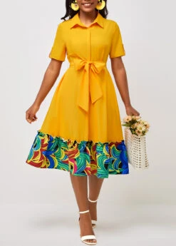 Belted Turndown Collar Yellow Short Sleeve Dress 9 Belted Turndown Collar Yellow Short Sleeve Dress -Modlily Shop 292497 P 16406872955592