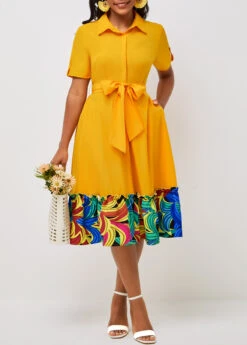 Belted Turndown Collar Yellow Short Sleeve Dress