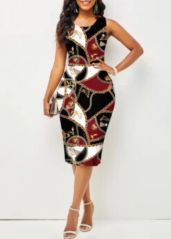 Sleeveless Round Neck Contrast Printed Bodycon Dress