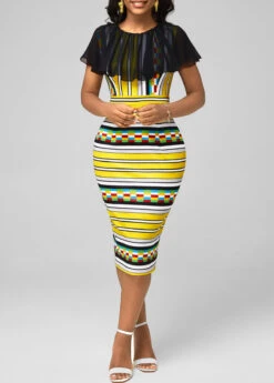 Chiffon Panel Multi Color Striped Bodycon Dress -Modlily Shop 292857 P 16407726746184