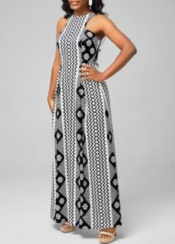 Geometric Print Black Bib Neck Dress -Modlily Shop 292931 P 16486032184692