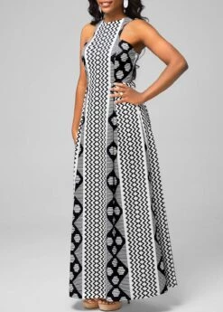 Geometric Print Black Bib Neck Dress -Modlily Shop 292931 P 16486032186234