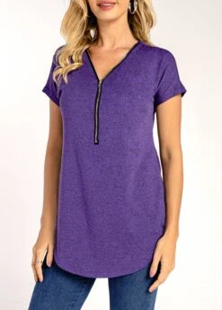 Purple Quarter Zip Short Sleeve T Shirt -Modlily Shop 294341 P 16431936570152