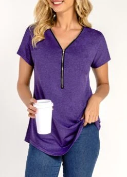 Purple Quarter Zip Short Sleeve T Shirt -Modlily Shop 294341 P 16431936575993