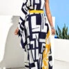 Geometric Print One Shoulder Navy Blue Maxi Dress -Modlily Shop 294590 P 16479435707390