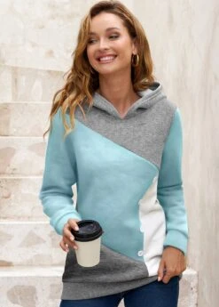 Light Blue Decorative Button Contrast Long Sleeve Hoodie -Modlily Shop 295348 P 1640936779545