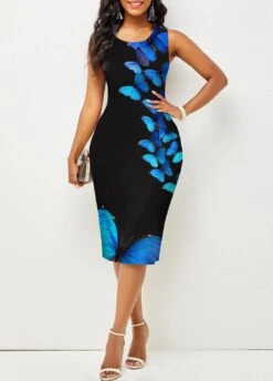 Valentines Butterfly Print Blue Sleeveless Bodycon Dress