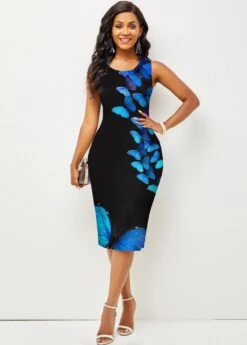 Valentines Butterfly Print Blue Sleeveless Bodycon Dress -Modlily Shop 295410 P 1641258062427