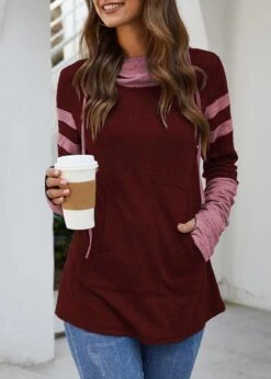 Kangaroo Pocket Hooded Collar Wine Red T Shirt