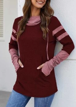 Kangaroo Pocket Hooded Collar Wine Red T Shirt -Modlily Shop 295871 P 1643358115350